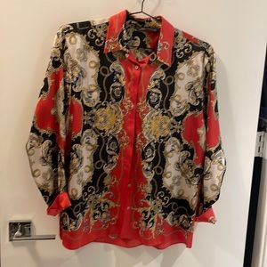 Zara blouse red blk and yellow all over print